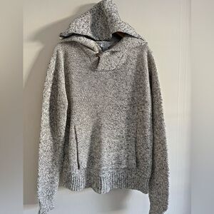 Vintage 90s Chunky Knit Hooded Henley Sweater Gray Marled Wool Blend L